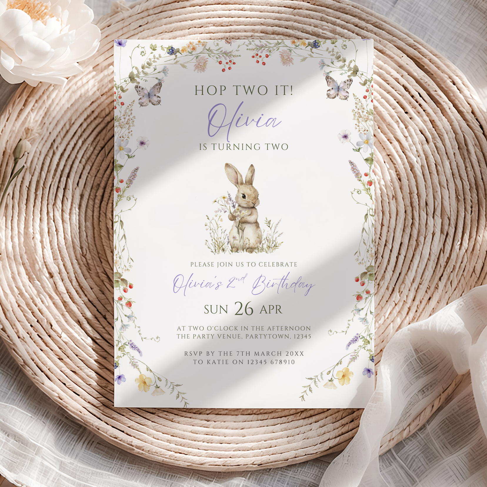 Hop Two It Birthday Invitation Bunny 2nd Birthday Invite Rabbit Floral Second Birthday Girl Evite Spring Bunny Theme Party Garden