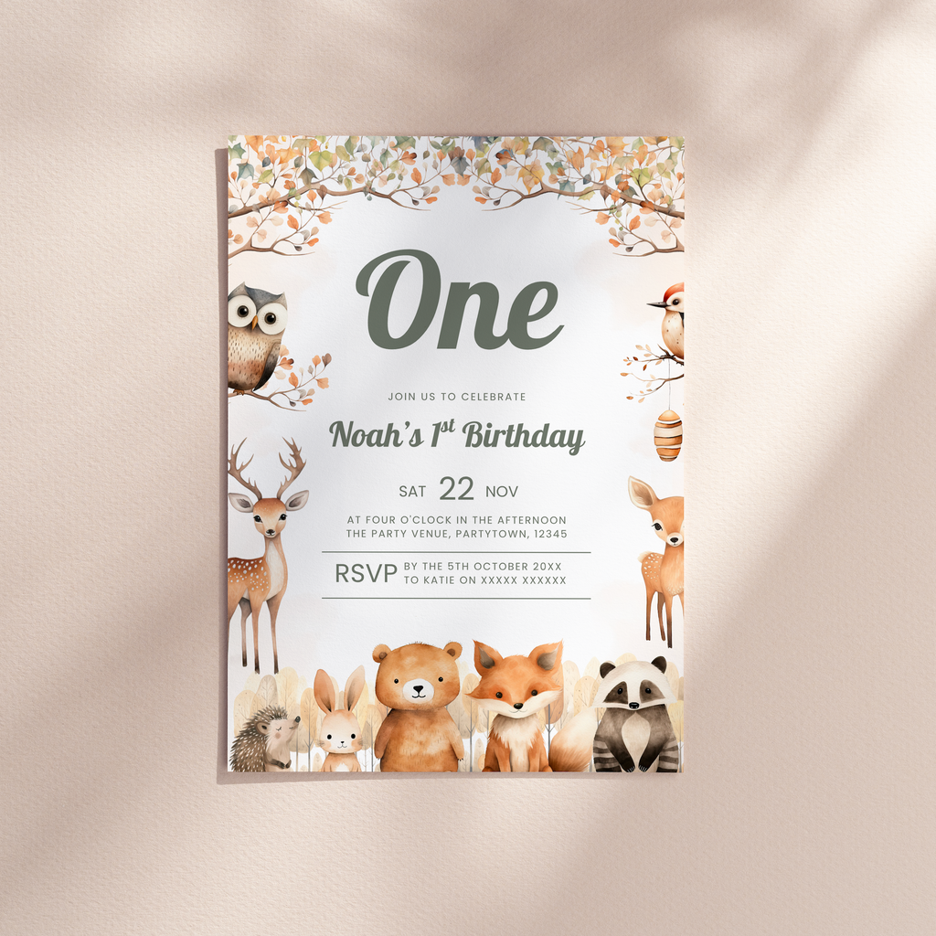 Woodland 1st Birthday Invitation