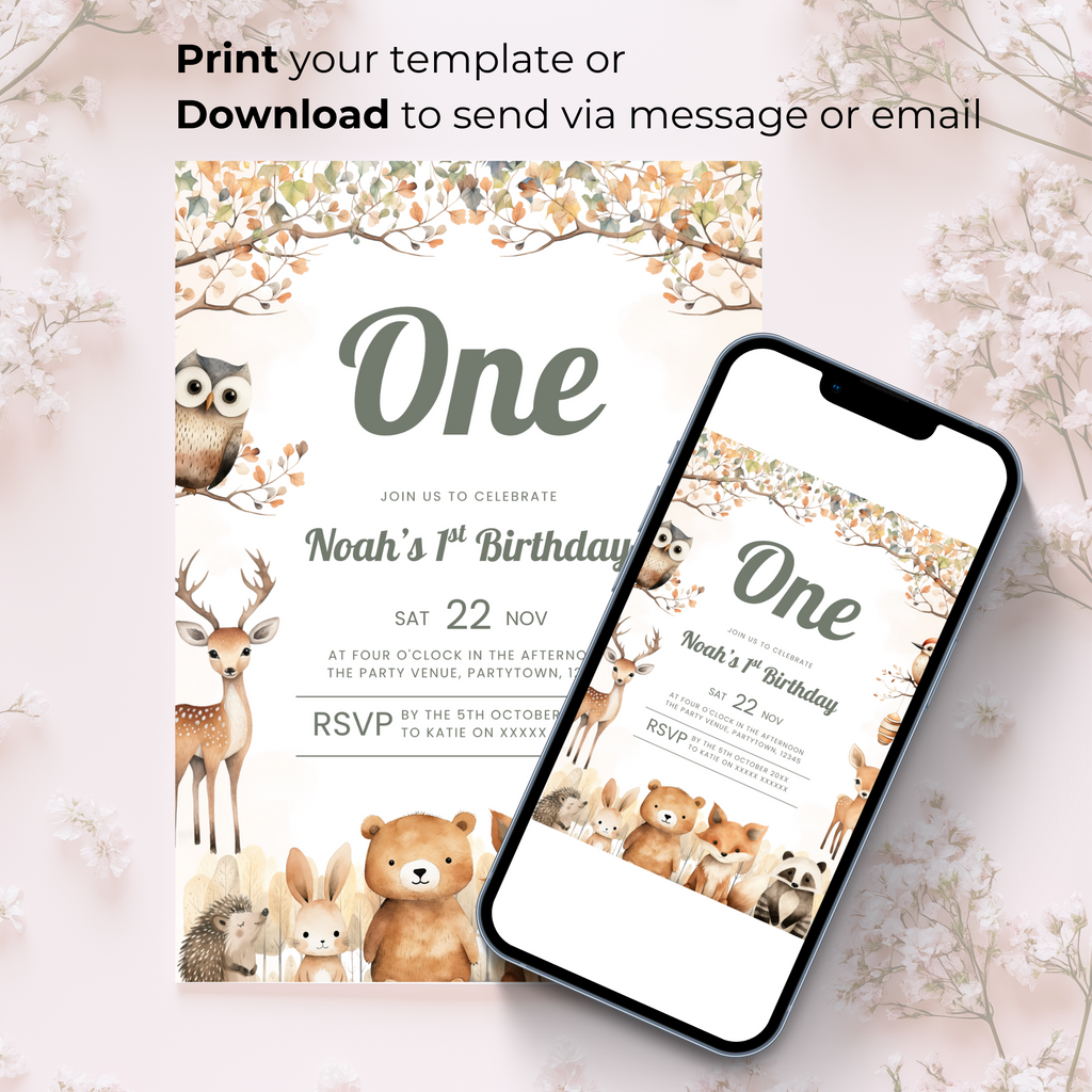 Woodland 1st Birthday Invitation