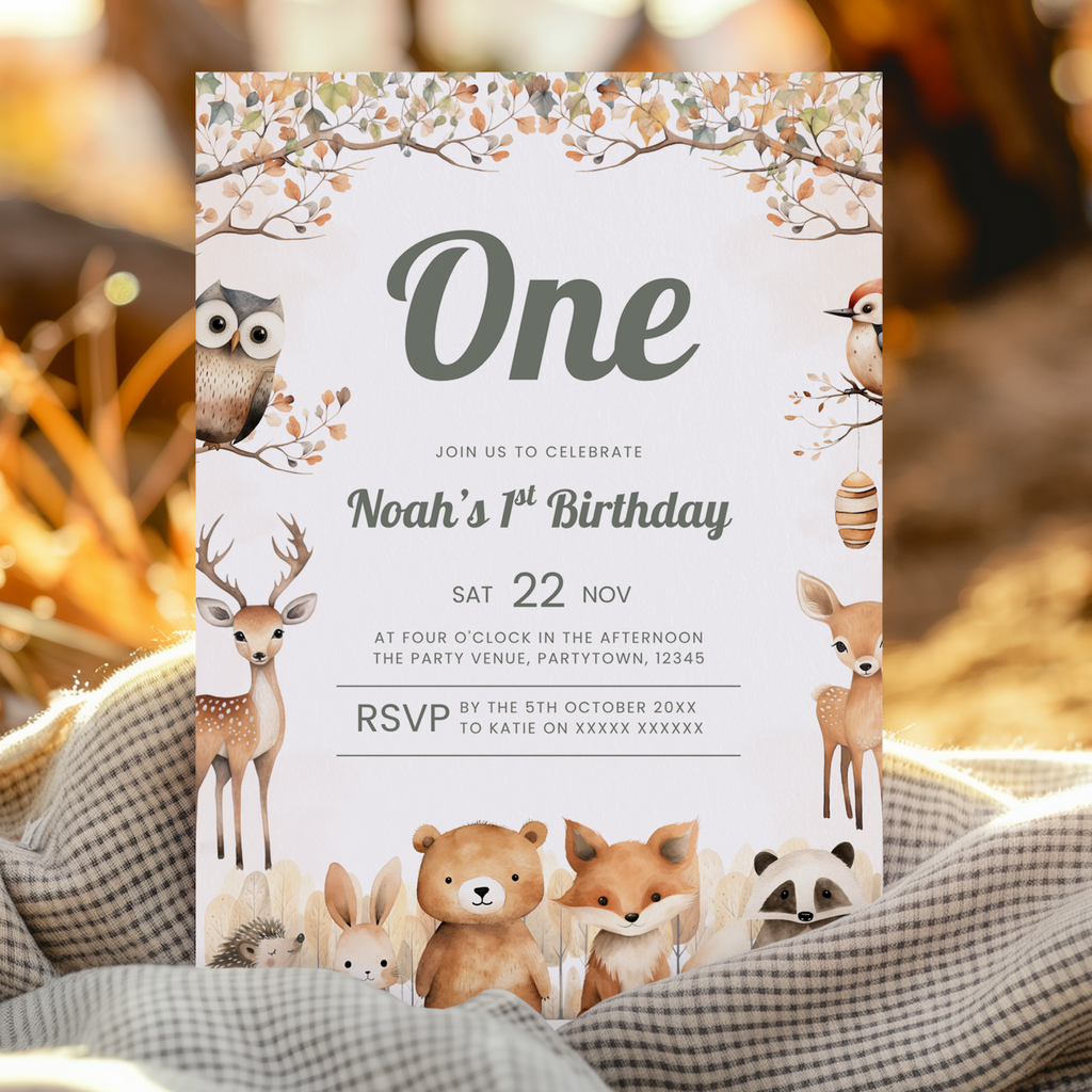 Woodland 1st Birthday Invitation