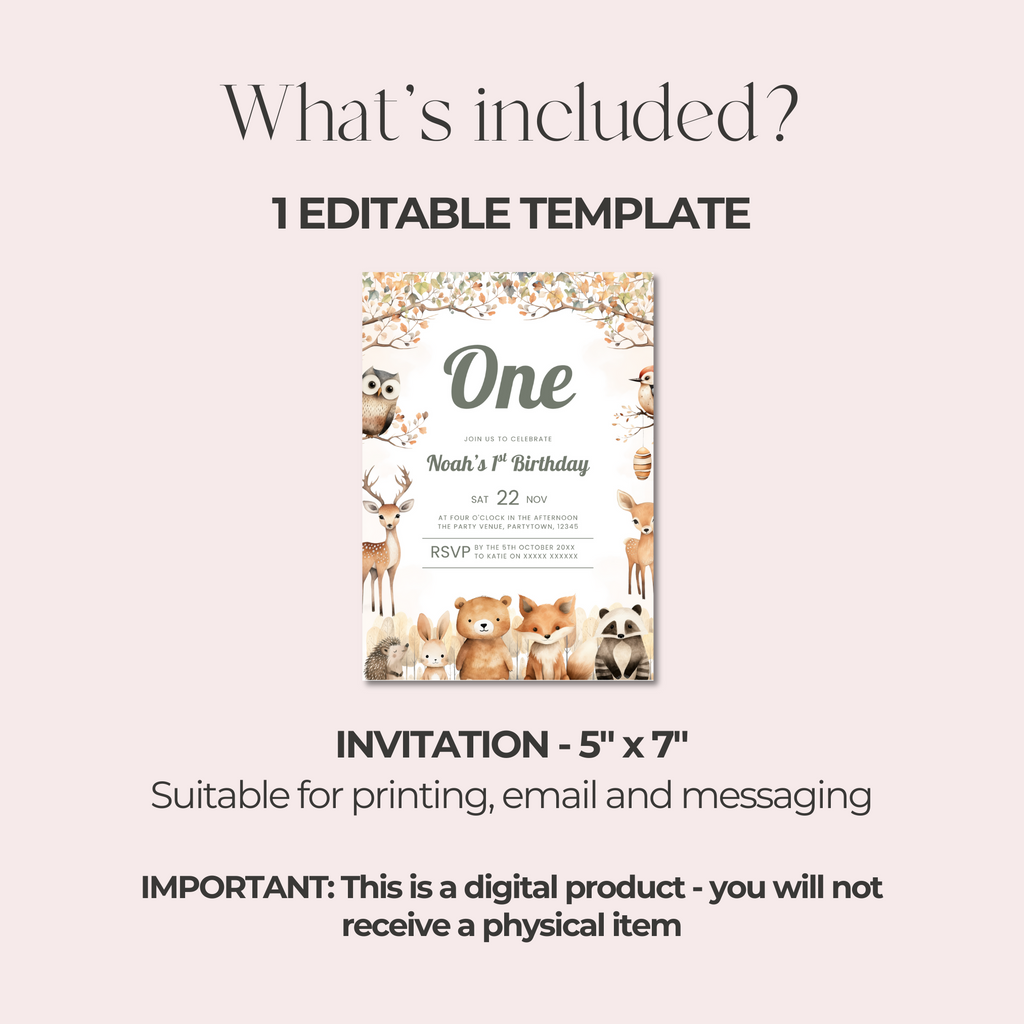 Woodland 1st Birthday Invitation